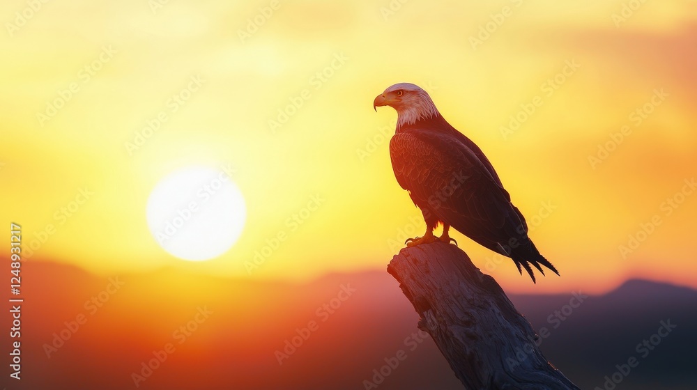 Fototapeta premium Eagle silhouetted against a backdrop of glowing mountains