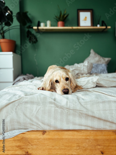 Obraz na płótnie Cute Cocker Spaniel curled up on a comfy bed, basking in soft natural light. Cozy home vibes and pet relaxation. w salonie