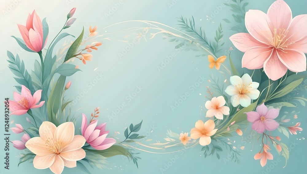 Fototapeta premium Frühlingshafte Design Vorlage mit Blüten in hellen Pastelltönen