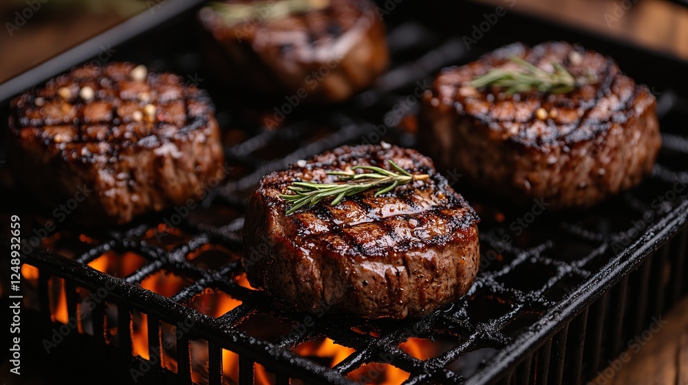 Sizzling steaks grilling outdoors, flames visible, summer BBQ Sizzling steaks grilling outdoors, flames visible, summer BBQ