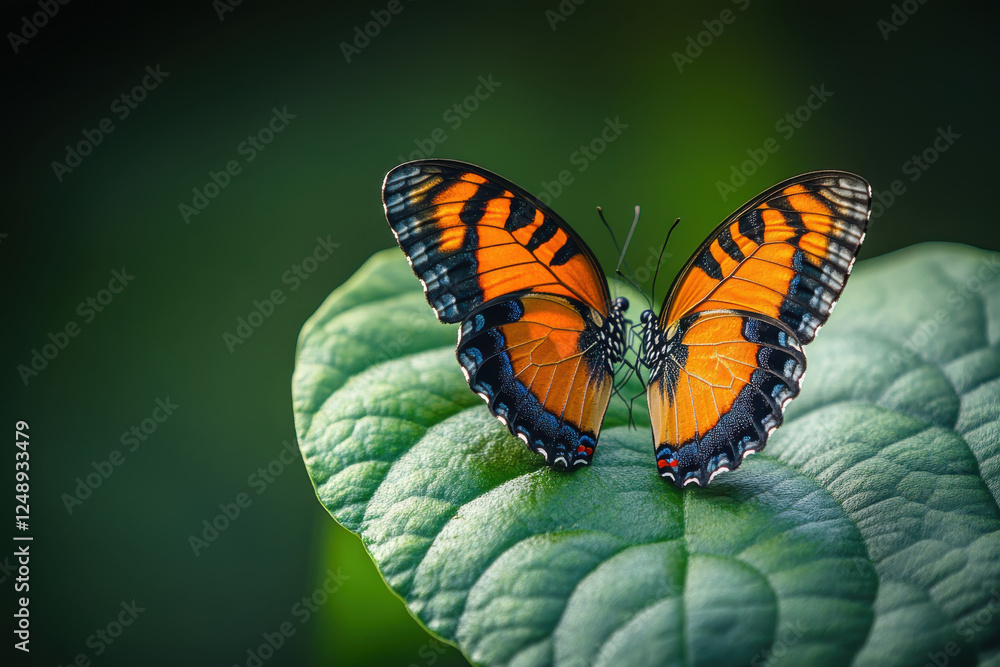 Fototapeta premium vibrant butterfly with orange and black wings resting on green leaf, showcasing its intricate patterns and delicate beauty in serene natural setting