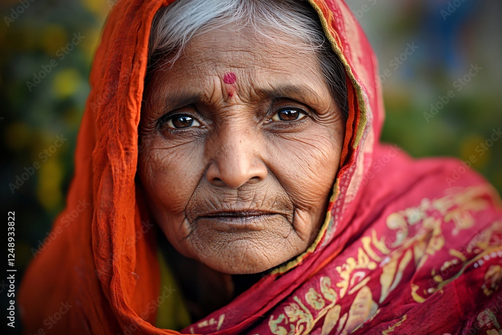 Close up portrait capturing the serene expression of an elderly hindu woman wearing a vibrant red sari, reflecting wisdom and cultural heritage Close up portrait capturing the serene expression of an elderly hindu woman wearing a vibrant red sari, reflecting wisdom and cultural heritage