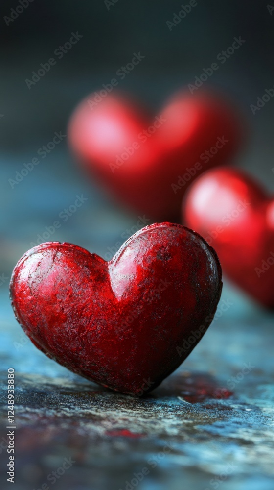 Fototapeta premium Three vivid red hearts rest on a textured blue surface, creating a striking contrast and evoking feelings of love and passion