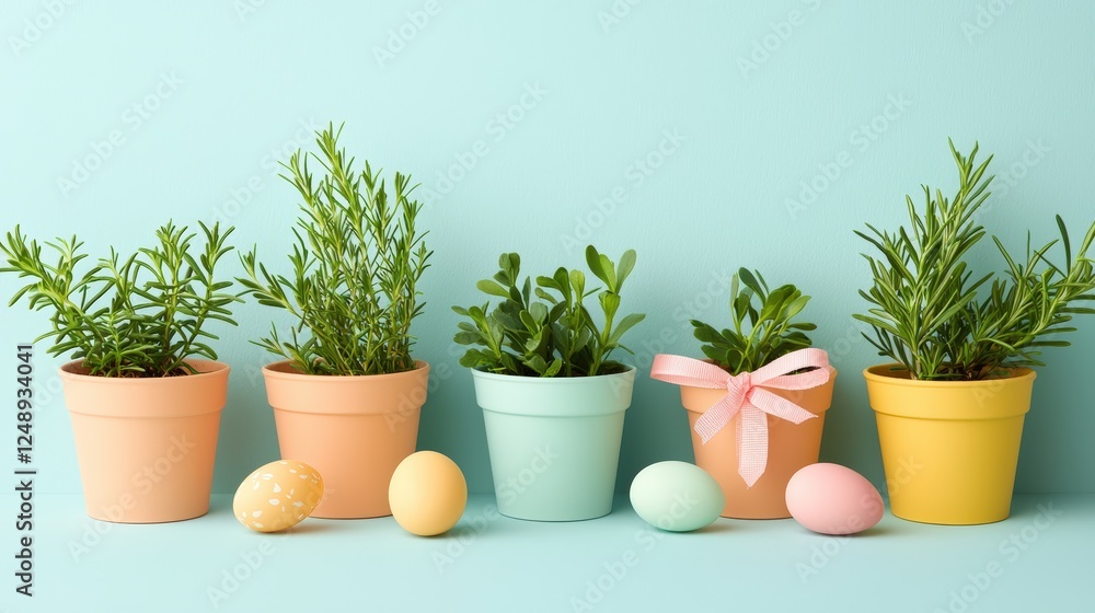 Fototapeta premium Charming easter party decor with potted plants and eggs