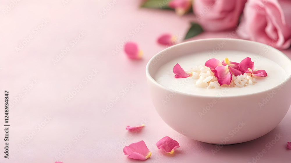 Elegant rice dessert with rose petals in white bowl on soft pink background for delicate and luxurious food presentation. Ideal for gourmet food blogs, wellness brands, recipe visuals. Selective focus Elegant rice dessert with rose petals in white bowl on soft pink background for delicate and luxurious food presentation. Ideal for gourmet food blogs, wellness brands, recipe visuals. Selective focus