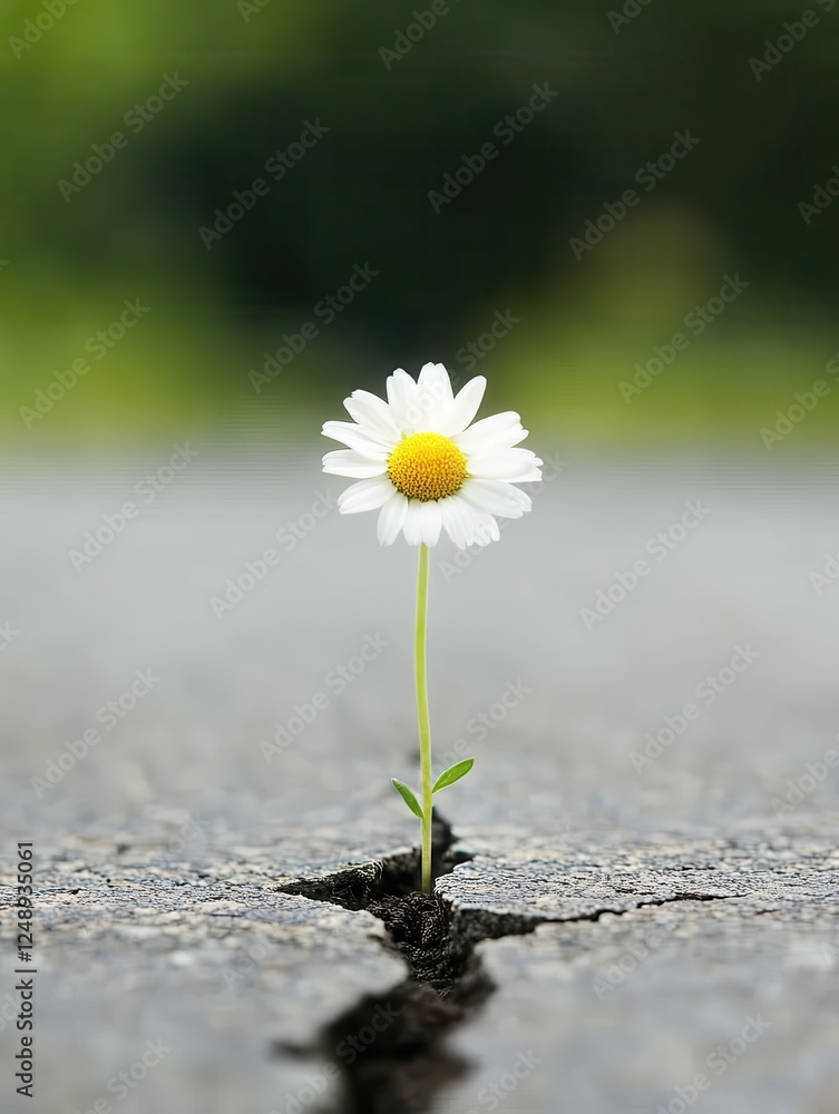 Naklejka premium Resilient flower growing through asphalt crack urban environment nature photography macro viewpoint hope concept