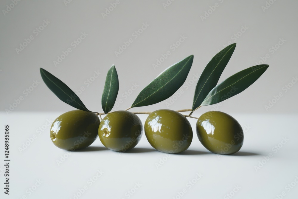 Green olives branch, studio shot, neutral background, food photography Green olives branch, studio shot, neutral background, food photography