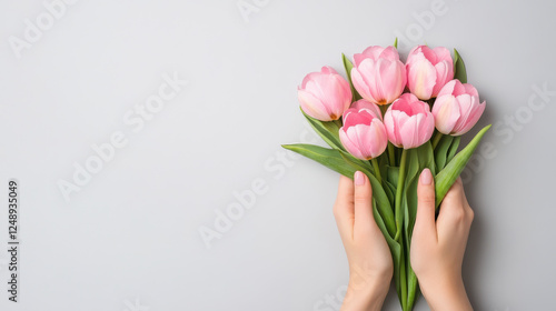 delicate bouquet of beautiful pink tulip flowers held gently in hands, showcasing their vibrant colors and lush green leaves against soft gray background
