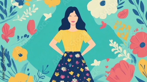 Wallpaper Mural Colorful Floral Design with Happy Woman Illustration Torontodigital.ca