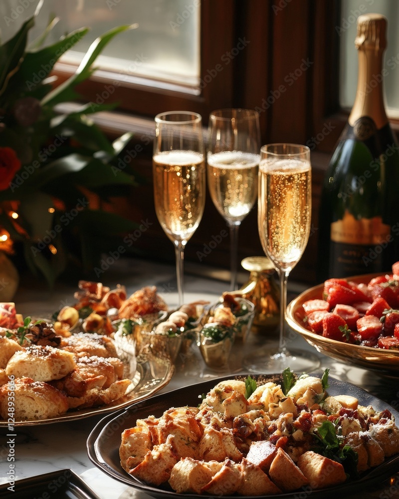 A lavish New Year Eve buffet with hors d'oeuvres and champagne A lavish New Year Eve buffet with hors d'oeuvres and champagne