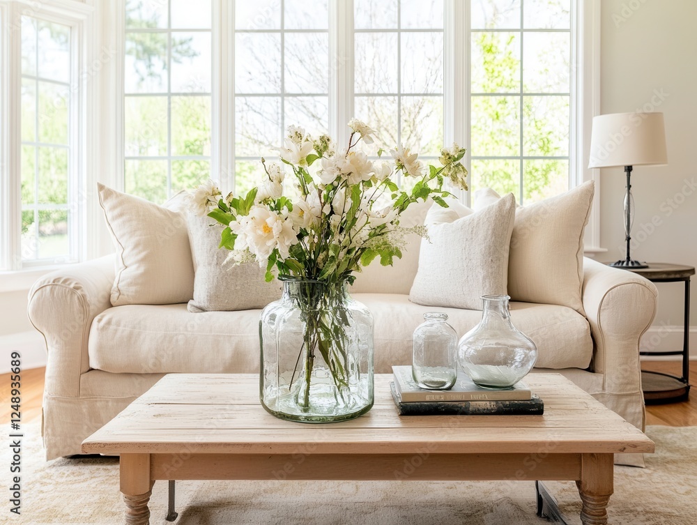 Fototapeta premium A contemporary shabby chic living room with a beige linen sofa, distressed wood furniture, and a mix of modern glass vases with vintage floral arrangements