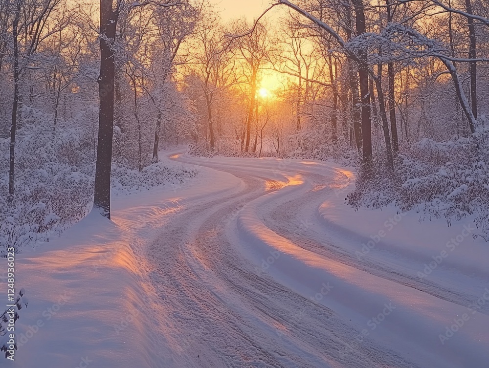 A snowy road with tracks leading to a sunset. A tranquil, wintry scene.