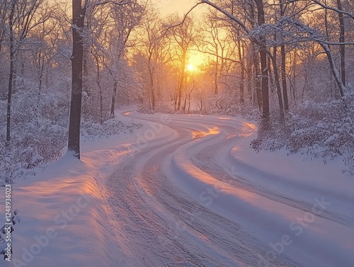 A snowy road with tracks leading to a sunset. A tranquil, wintry scene. photo