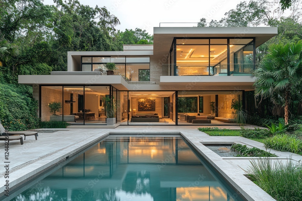 Fototapeta premium Luxury Modern Home with Swimming Pool and Lush Garden in Tranquil Backyard