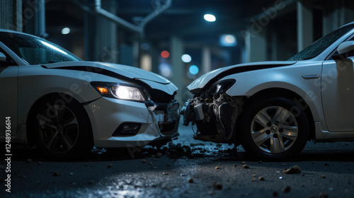 Damaged cars in nighttime urban setting after collision, with debris scattered