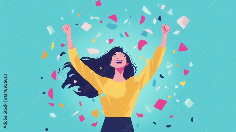 Celebrating Woman with Colorful Confetti Background Celebrating Woman with Colorful Confetti Background