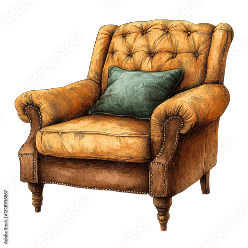 A vintage armchair featuring tufted upholstery, wooden legs, and a contrasting green cushion.