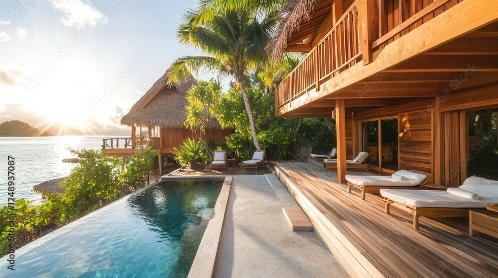 Fototapeta premium The image features a serene pool surrounded by lounge chairs on a stylish deck, creating an inviting outdoor relaxation space.