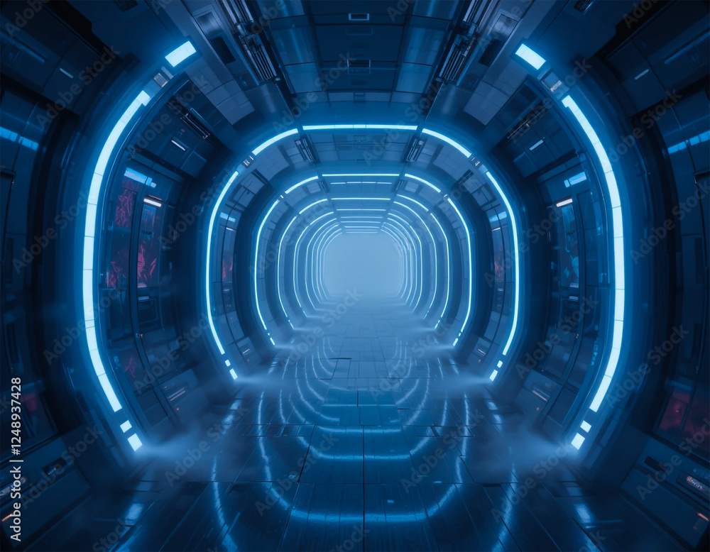 Blue sci-fi tunnel with glowing rings Blue sci-fi tunnel with glowing rings