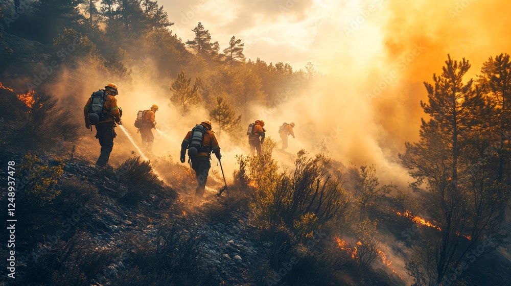 Firefighters working diligently to extinguish a forest fire on a mountain, using water and equipment to contain the blaze. The landscape is covered in smoke as crew works together to fight wildfire. Firefighters working diligently to extinguish a forest fire on a mountain, using water and equipment to contain the blaze. The landscape is covered in smoke as crew works together to fight wildfire.