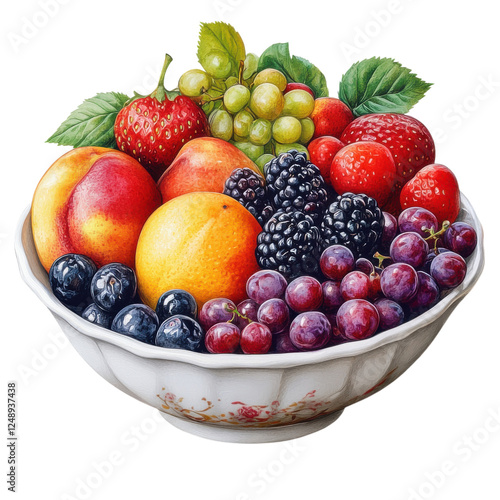 A colorful assortment of fresh fruits including peaches, grapes, strawberries, and blackberries arranged in a decorative bowl.