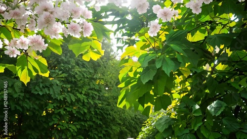 Beautiful blooming cherry blossoms in a sunlight-filled garden with vibrant green leaves.