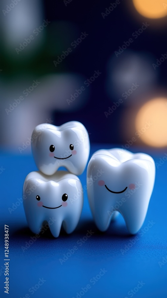 Happy teeth models on blue, bokeh background, dental care Happy teeth models on blue, bokeh background, dental care