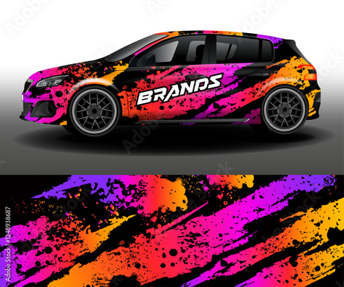 Cargo van wrap designs. Bright abstract grunge stripes for car branding. Modern camouflage design for vehicle vinyl wrap.