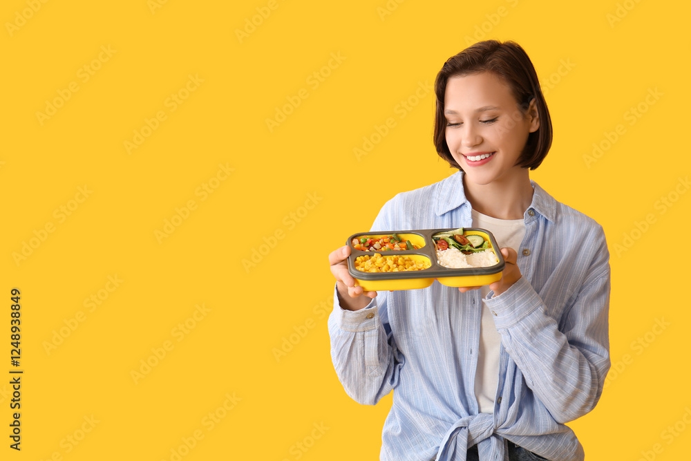 Beautiful young happy woman with lunchbox of tasty food on yellow background Beautiful young happy woman with lunchbox of tasty food on yellow background