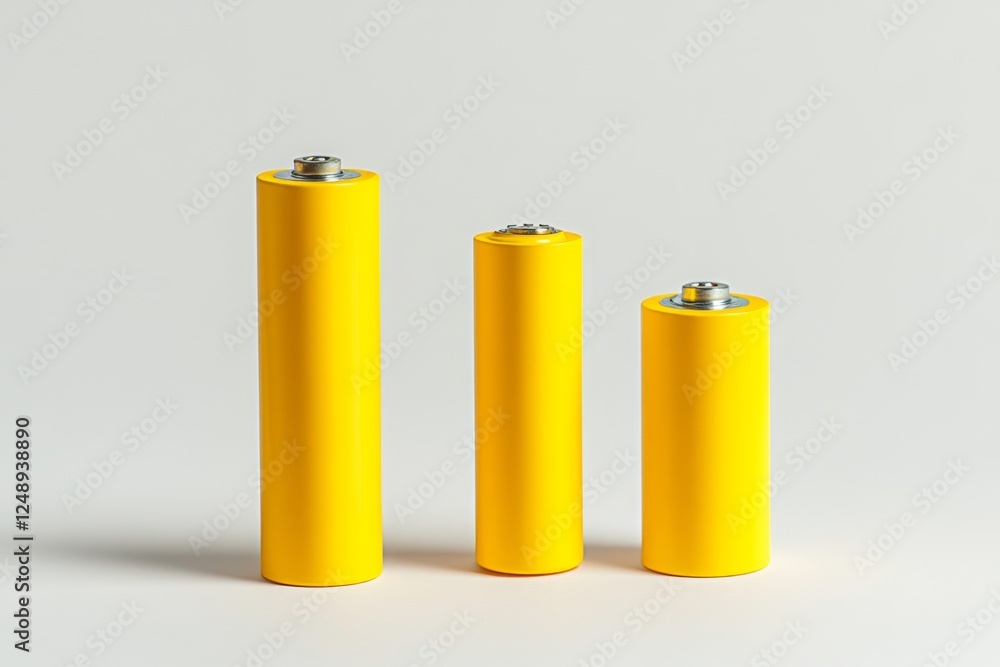 Yellow batteries studio shot, size comparison, white background, power source Yellow batteries studio shot, size comparison, white background, power source