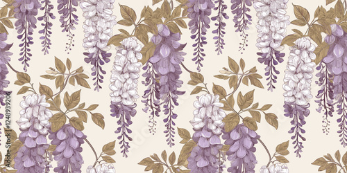 Showcases a repeating pattern of wisteria flowers in various shades of purple and white, interspersed with green and brown leaves, set against a light background.