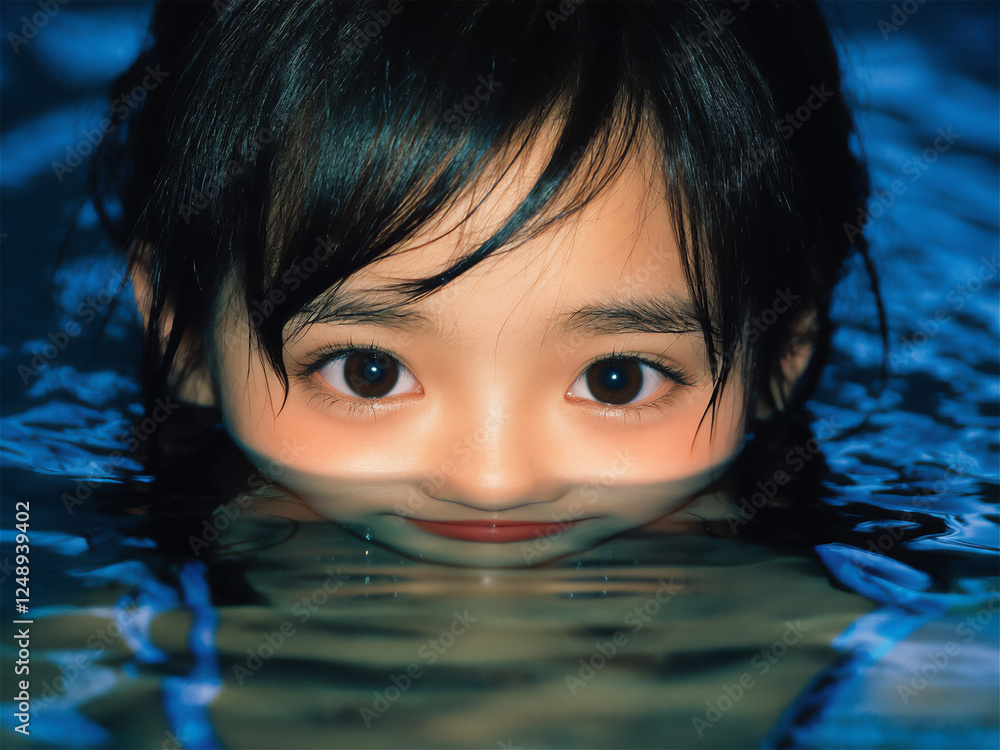 A serene shot of a person submerged in shimmering blue water, with wet, tousled hair framing the face. The composition highlights the tranquil atmosphere of swimming. A serene shot of a person submerged in shimmering blue water, with wet, tousled hair framing the face. The composition highlights the tranquil atmosphere of swimming.