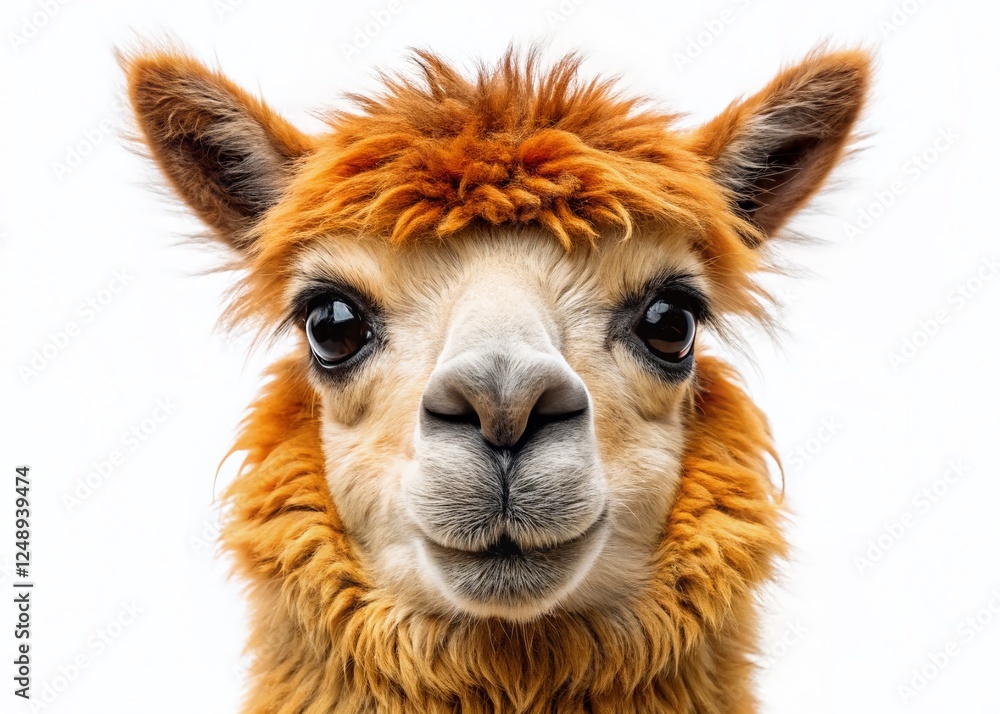 Obraz premium Adorable Alpaca Face Close-Up, Isolated White Background - Night Photography Stock Photo
