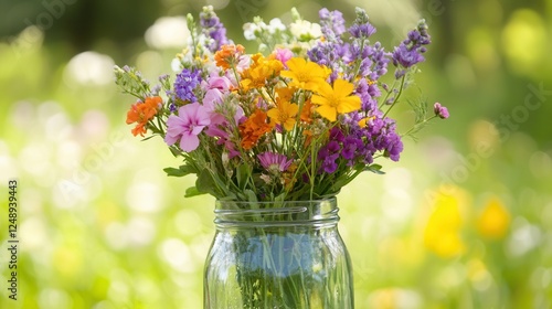 Wallpaper Mural A clear glass jar filled with a vibrant assortment of fresh flowers, showcasing their colorful petals and lush green stems, creating a cheerful display. Torontodigital.ca