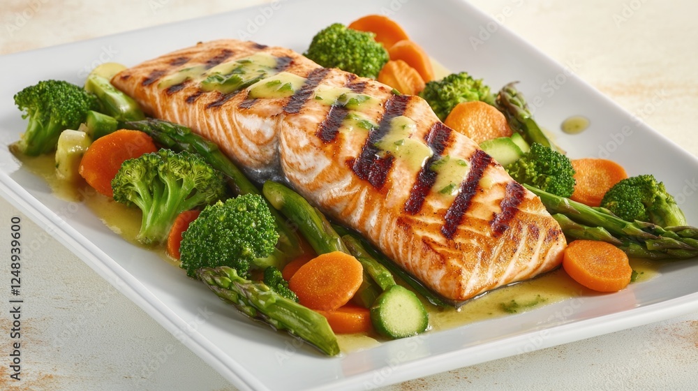 Fresh grilled salmon on a bed of vegetables, including broccoli and carrots. This dish is low-fat and high in protein, making it a healthy and nutritious option. Fresh grilled salmon on a bed of vegetables, including broccoli and carrots. This dish is low-fat and high in protein, making it a healthy and nutritious option.