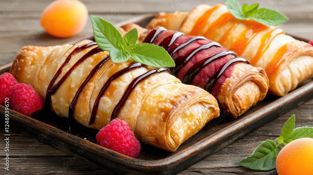 A delectable platter of flaky pastries drizzled with chocolate and fruit sauces, surrounded by fresh raspberries and mint leaves, perfect for dessert lovers. A delectable platter of flaky pastries drizzled with chocolate and fruit sauces, surrounded by fresh raspberries and mint leaves, perfect for dessert lovers.