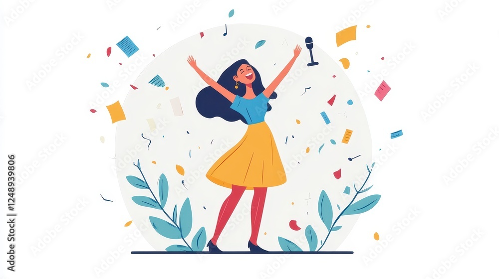 Joyful Woman Celebrating with Microphone and Confetti Joyful Woman Celebrating with Microphone and Confetti