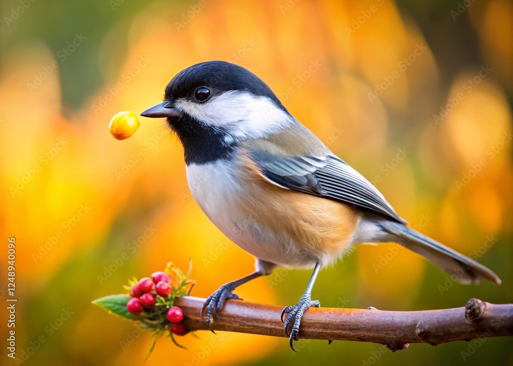 Obraz premium Adorable Black-capped Chickadee with Food on its Beak - Candid Wildlife Photo