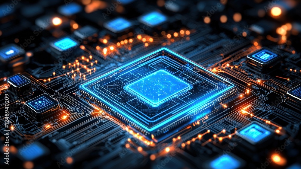 Illuminated Blue Circuit Board with Glowing Processor and Complex Connections Illuminated Blue Circuit Board with Glowing Processor and Complex Connections