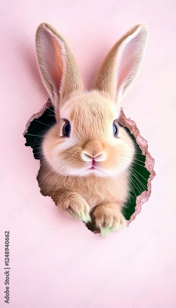 Obraz premium Adorable Fluffy Bunny Peeking Through Pastel Pink Wall, Perfect for Easter Greeting Cards