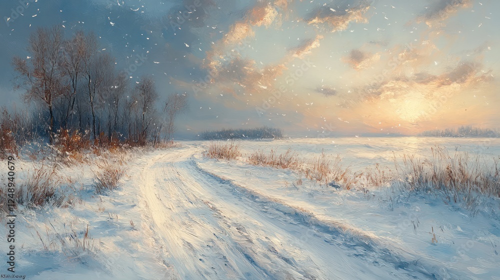 Obraz premium serene winter landscape soft snowfall afternoon light impressionist painting snow dunes trees
