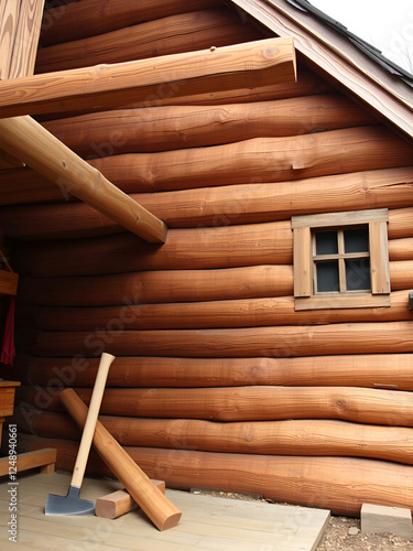 a carpenter built a log cabin with rough hewn beams. wood planing was not done before. authentic craftsmanship wooden log cabin. mortises for placing roof beams. gouging wood, ax, cut photo