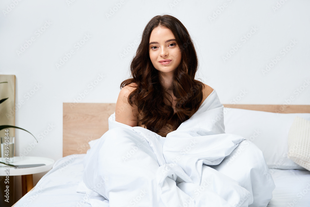Wrapped in cozy blankets, a young woman relaxes in her serene bedroom during morning light Wrapped in cozy blankets, a young woman relaxes in her serene bedroom during morning light
