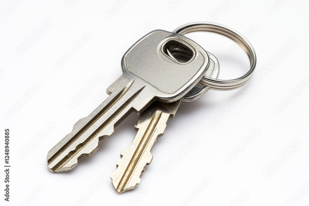 Keys, metal, keyring, white background, security, ownership, studio shot, real estate Keys, metal, keyring, white background, security, ownership, studio shot, real estate