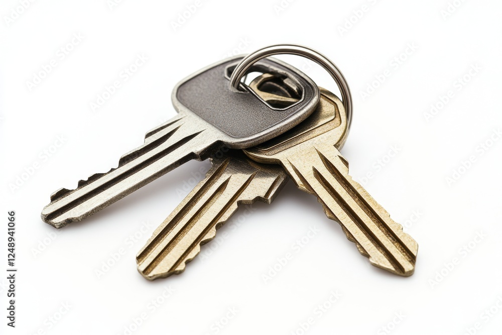 Two keys, ring, white background, studio shot, real estate Two keys, ring, white background, studio shot, real estate