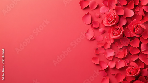 Beautiful red roses and petals create romantic Valentine Day background, perfect for expressing love and affection. vibrant colors evoke warmth and passion
