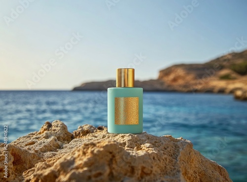 Product photography of a perfume bottle on a rock in front of a background of the sea, sky, and waves, with a blurred foreground. 