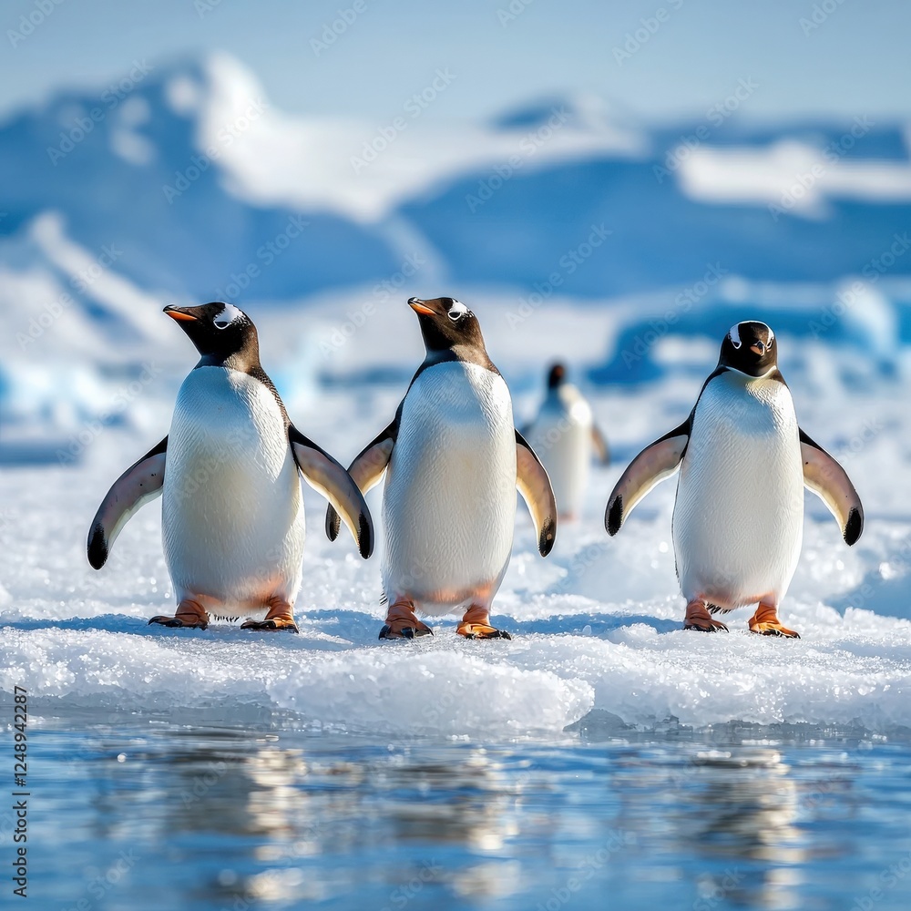 Fototapeta premium Gentoo penguins waddling across icy terrain in the Antarctic