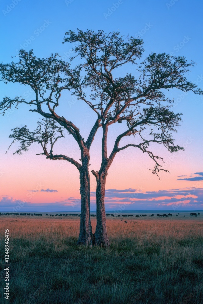 Two desert trees silhouetted against a vibrant sunset sky. Two desert trees silhouetted against a vibrant sunset sky.