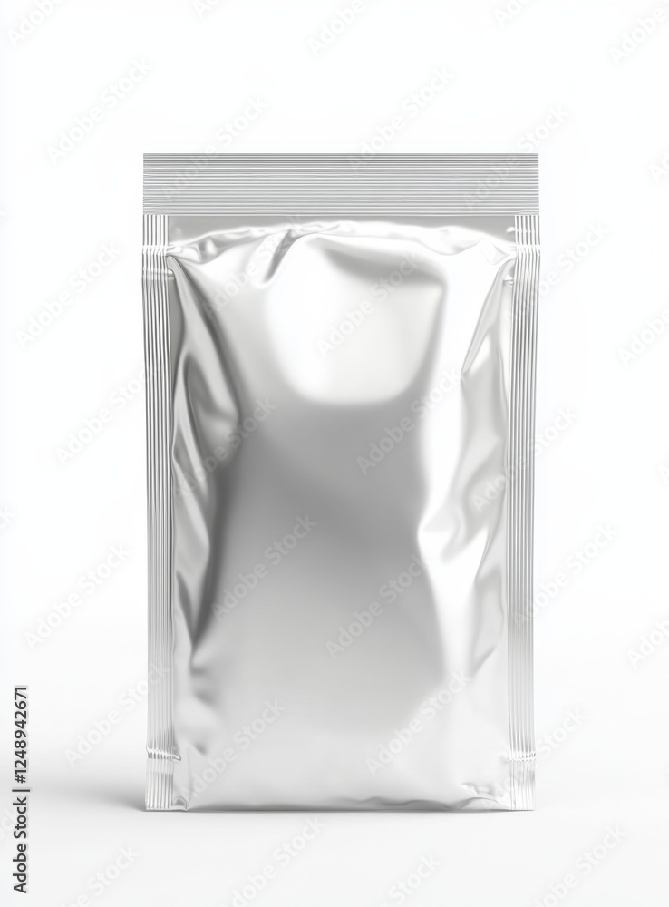 Silver foil pouch mockup, studio shot, white background, packaging design Silver foil pouch mockup, studio shot, white background, packaging design